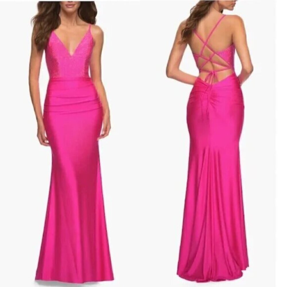 LA FEMME Tie Back Sequin Trumpet Gown in Neon Pink Size US 0